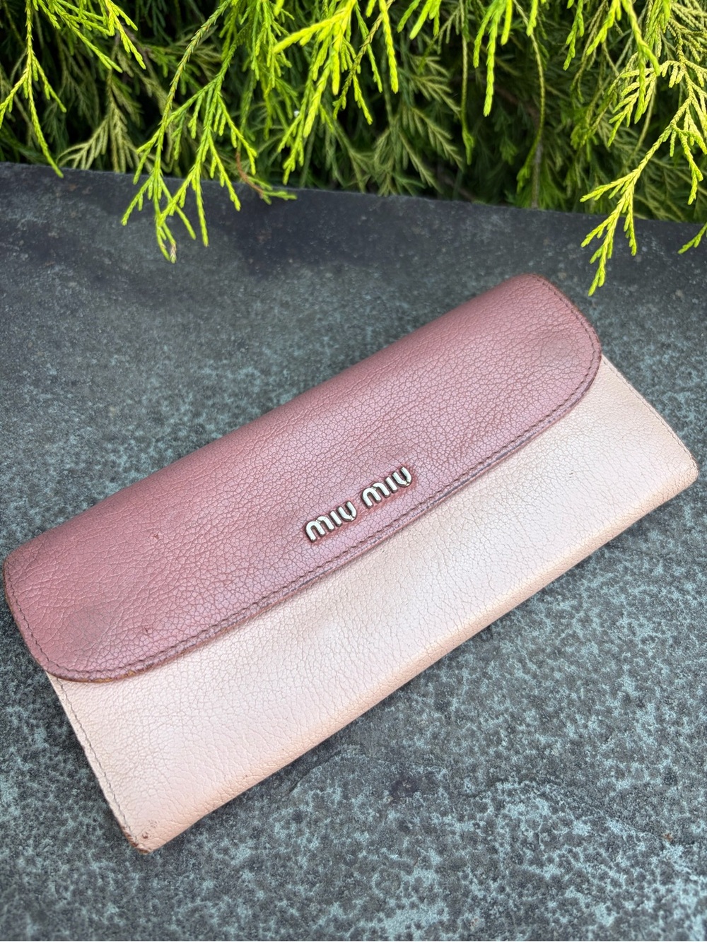 Miu Miu Two-Tone Madras Leather Dusty Rose Flap Long Wallet